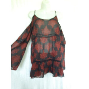 Lovemarks Black and Red Floral Cold Shoulder Vamp Goth sheer Blouse Size L NWT